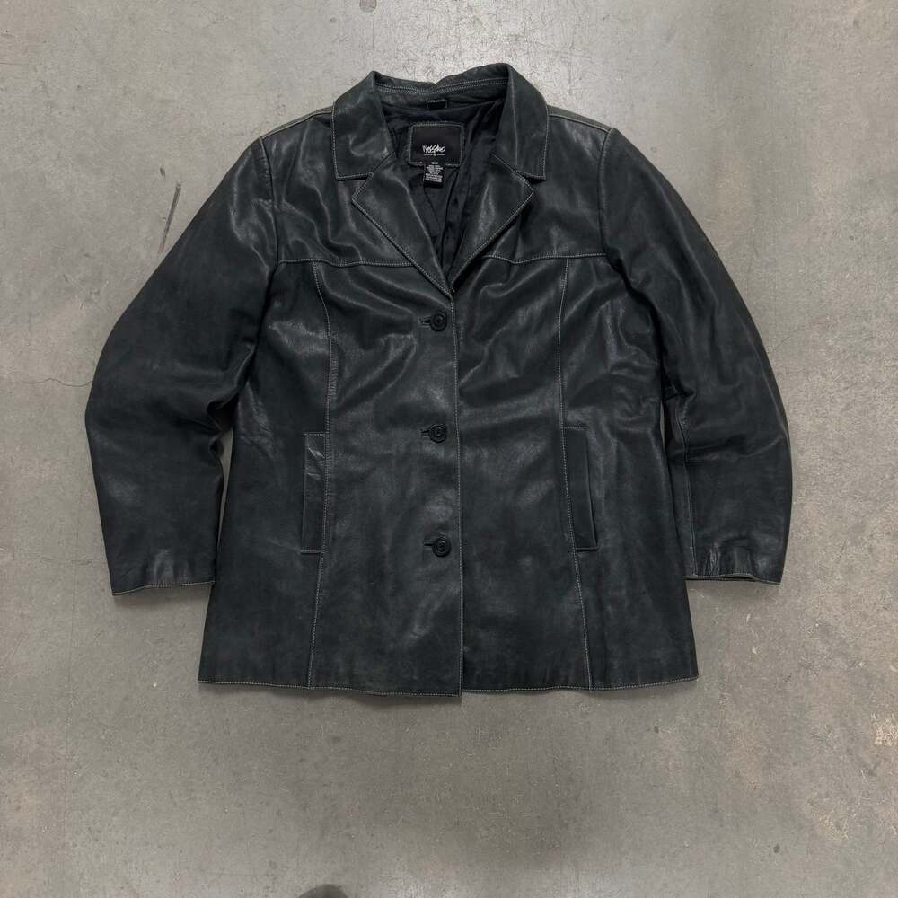 Vintage Mossimo Black Genuine Leather Button Up Jacket Women’s 16W (Fits L–XL)